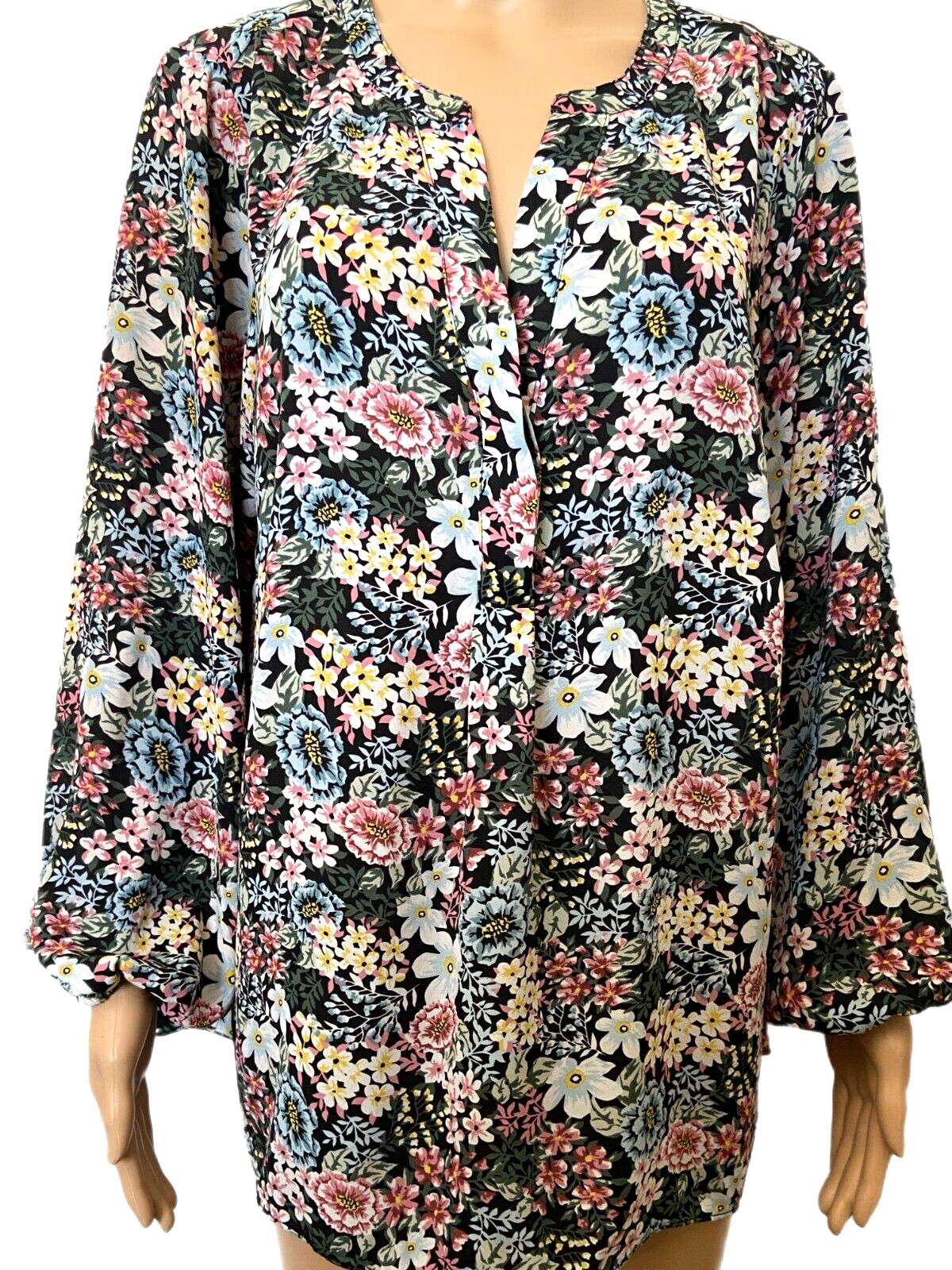 TAHARI ~Plus sz 1x Flowy Tunic BLOUSE Long Sleeve Top Black Mauve Blue Floral