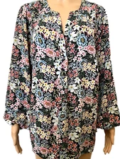TAHARI ~Plus sz 1x Flowy Tunic BLOUSE Long Sleeve Top Black Mauve Blue Floral