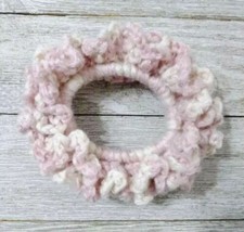 crochet womans handmade hair scrunchie pony tail holder pink cream USA made