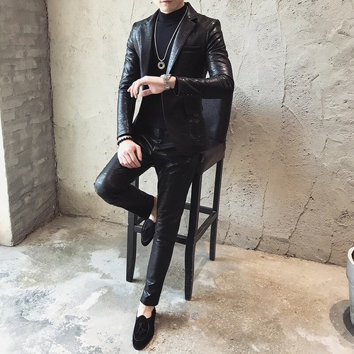 Men's Slim Fit Leather Suit 2PCS Jacket 