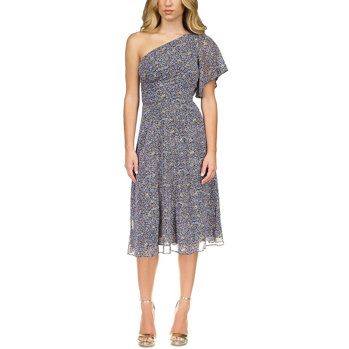 Michael Kors Women's Field of Flowers One Shoulder Midi Dress, Dusty Rose, XS