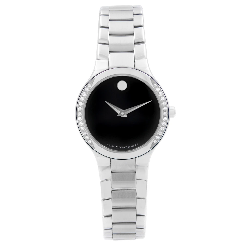 Reloj de cuarzo para dama Movado Serio 26 mm acero bisel diamante esfera negra 0606385