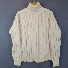 Vtg Woolrich Sweater Women Med Ivory Cable Knit Turtleneck Fishermen Made in USA