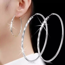 Womens 925 Sterling Silver Elegant Large 50mm/2" Round Hoop Earrings #E384