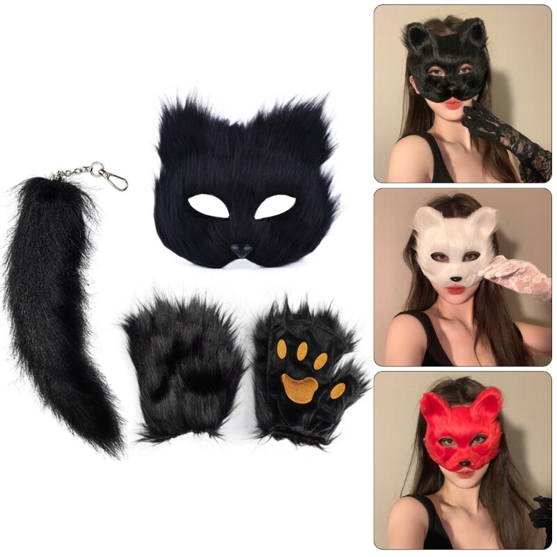 Cat Mask Dropship White Cat Cosplay Costume Set Cat Tail Ears Hair