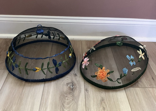 VTG Set of 2 Food Dome Cover Picnic Mesh Screen Raffia Floral Accents Oval Round