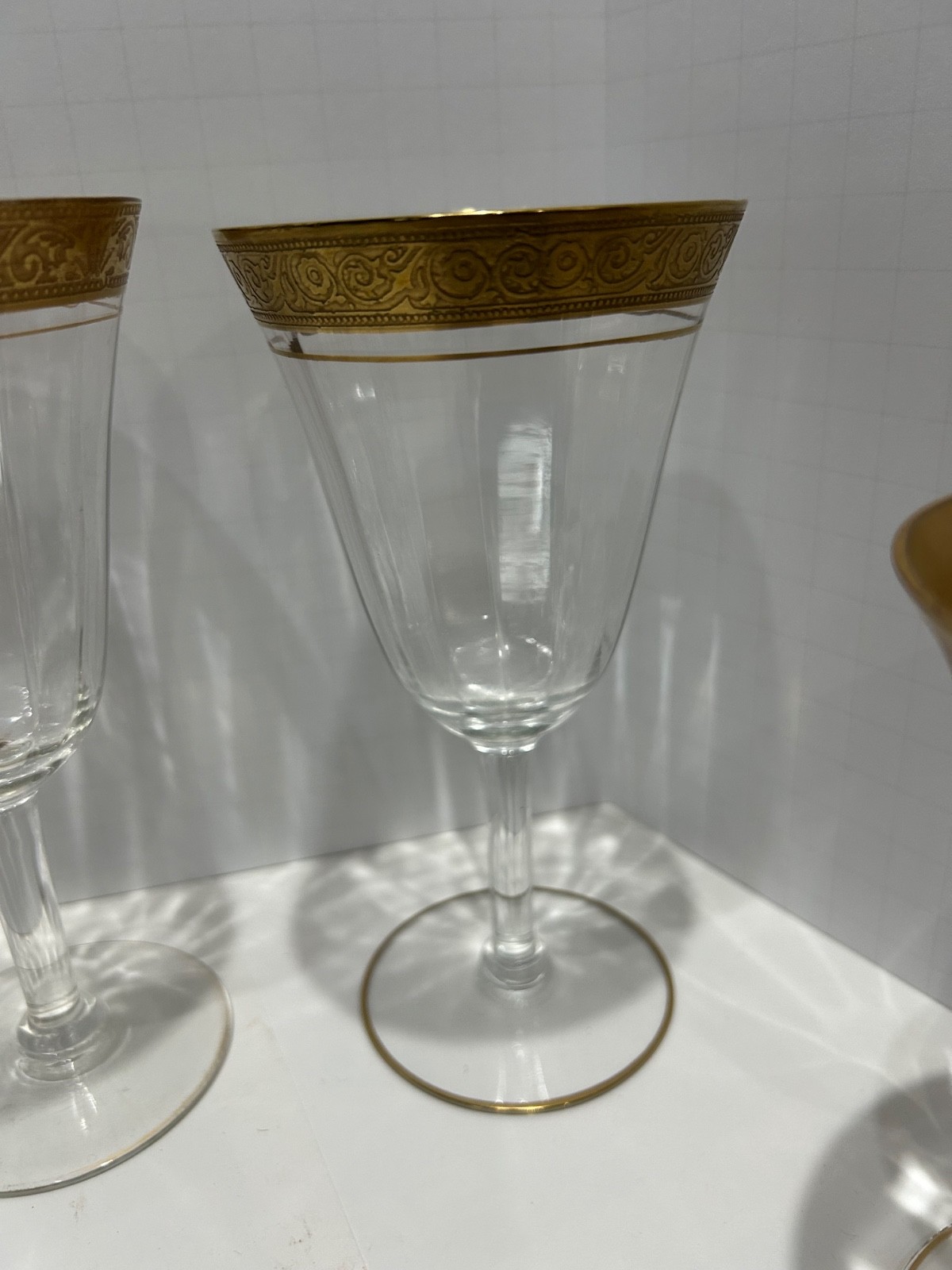 6  Tiffin-Franciscan Minton Optic Glass Gold Trim Footed Glasses assorted Sizes