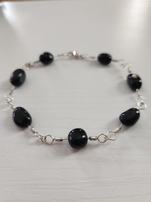Black Jasper handmade, silver coated copper wire jewelry, nickel free claw clasp
