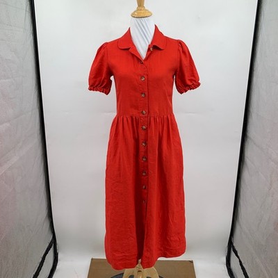 Wilfred Dress Womens XXS 2XS Red Collared Short Puff Sleeves Linen Pocket  Midi | eBay