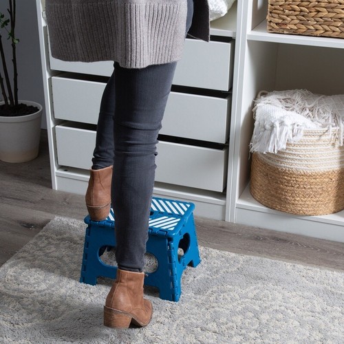 Plastic 9" Stripe Top Folding 1 Step Single Step Stool Easy Carry Handle - Picture 5 of 6