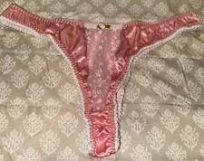 Vtg Styl Shiny Pink Satin  White Lace Thong Panties XL NEW