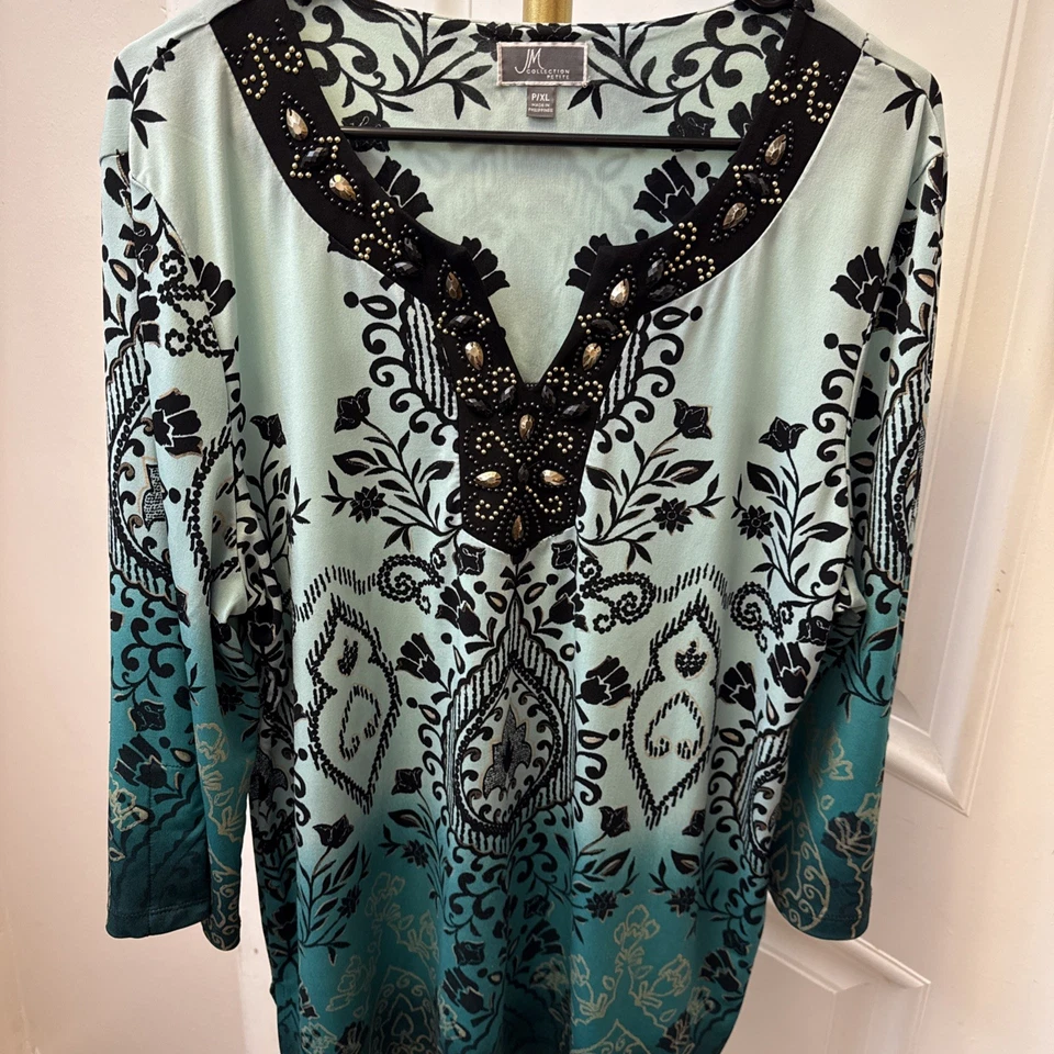 JM Collection Women's 3/4 Sleeve Blouse Size P/Xl Jewels Green Floral Stretch - Image 2 of 4
