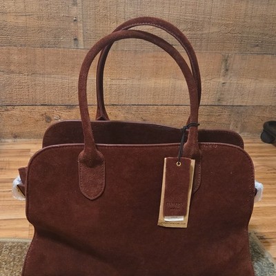 Margot Brown Suede Satchel/Top Handle Bowling Bag Double Handles Zip Lined