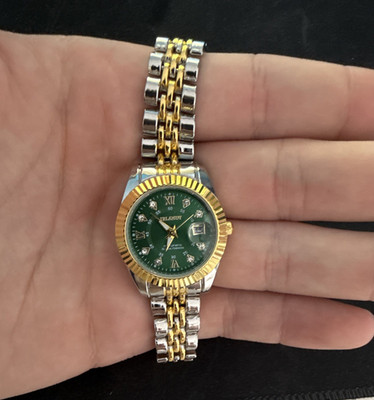 ORIENT Damen Quarz Armbanduhr Edelstahl 2-Ton silber/gold grün Datum analog