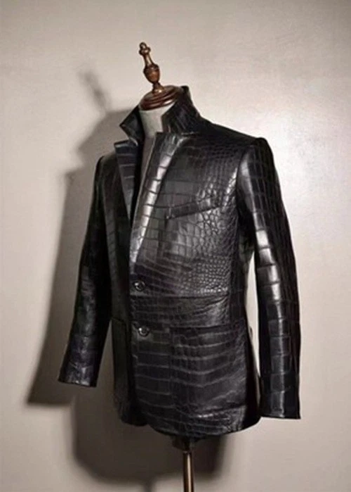 Men's Premium Black Exotic Alligator Pattern Leather Blazer Luxury Designer Coat