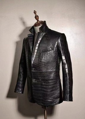 Men's Premium Black Exotic Alligator Pattern Leather Blazer Luxury Designer Coat