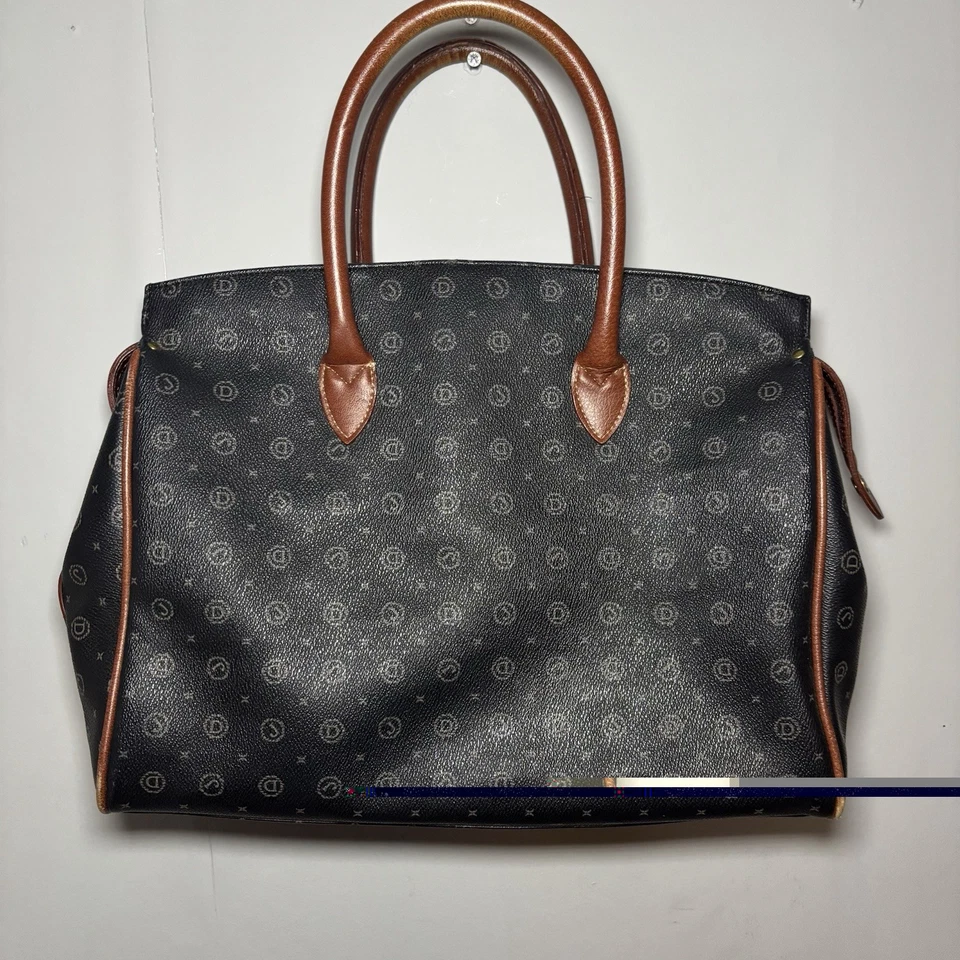 David Jones Paris Monogram Tote Bag Brown Tan Faux Leather Satchel Handbag Large - Image 4 of 4