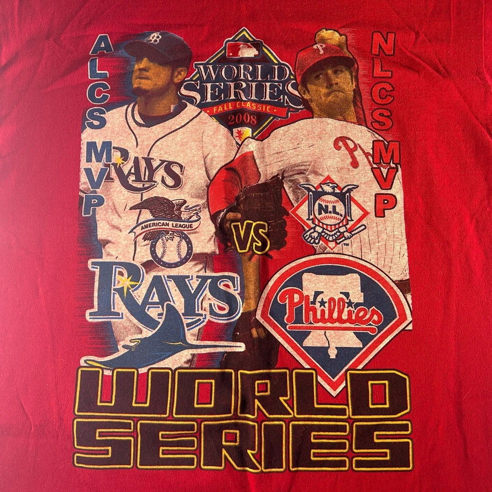 2008 PHILLIES VS RAYS VTG MLB WORLD SERIES RED ROSTER GRAPHIC T-SHIRT LARGE RARE - Image 2 of 4