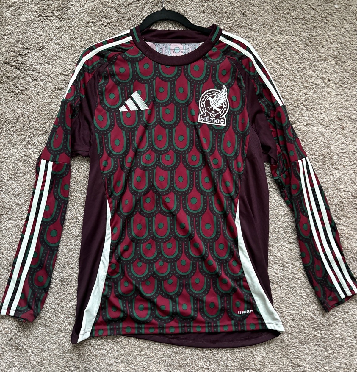 adidas Mexico Soccer Jersey Long Sleeve Slim Fit Large #9 Burgundy/Green