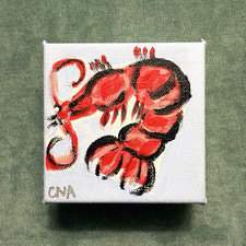 Shrimp Oil Painting Fish Still Life Coastal Wall Art Decor 4x4 Original signed