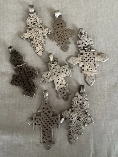 PICK Vintage Ethiopian Jointed Coptic Cross Charm Pendant Silver Tone Tribal 3" image 12