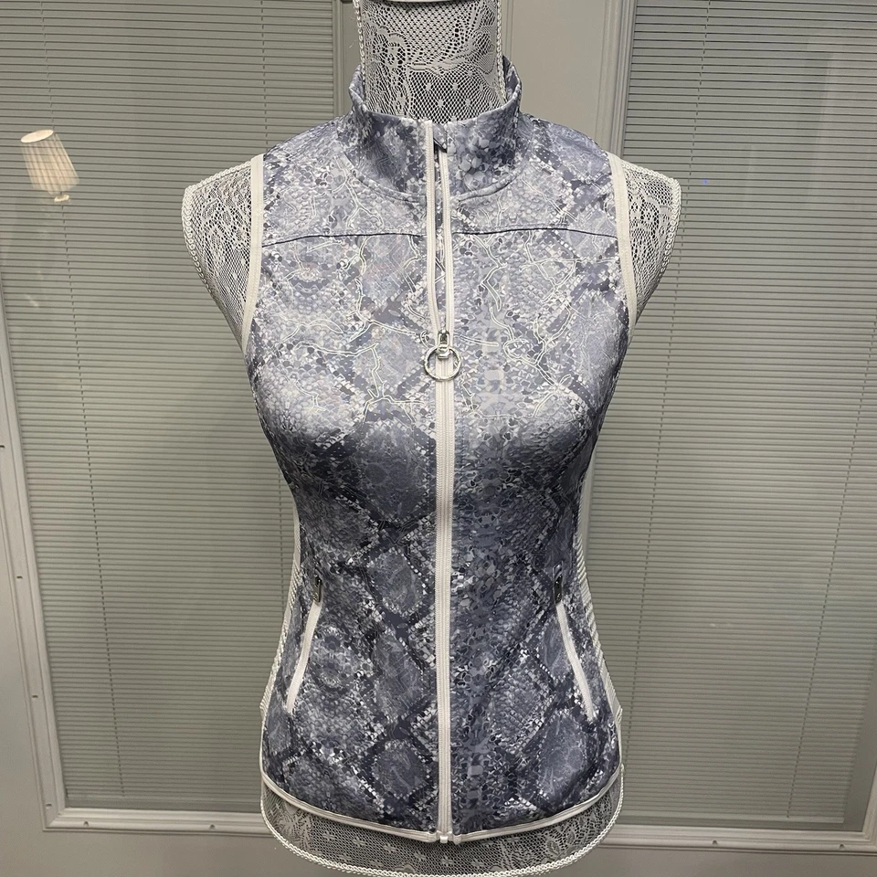 Novo com etiquetas $290 Roberto Cavalli Sport colete com zíper estampa de cobra regata ativa denim cor XS - Imagem 2 de 4