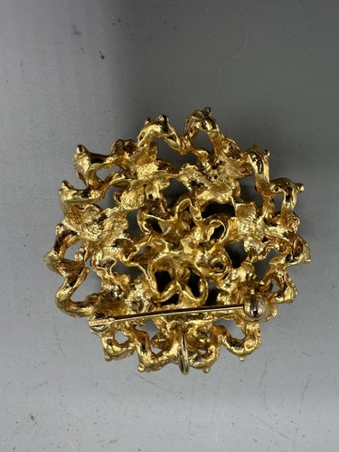 Vintage Brooch Pin Gold Tone Olive Green and Pink Rhinestone - Picture 2 of 3