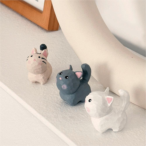 Cute Mini Carved Wooden Cat Figurines, 3PCS Handmade White Gray Brown Kitten ...