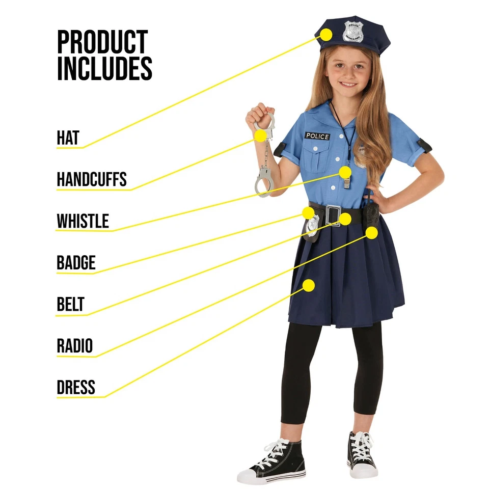 Blue Police Girl Costume Toys 3 - 12 yr Kids Officer Cop Uniform Dress Halloween - Image 3 of 4