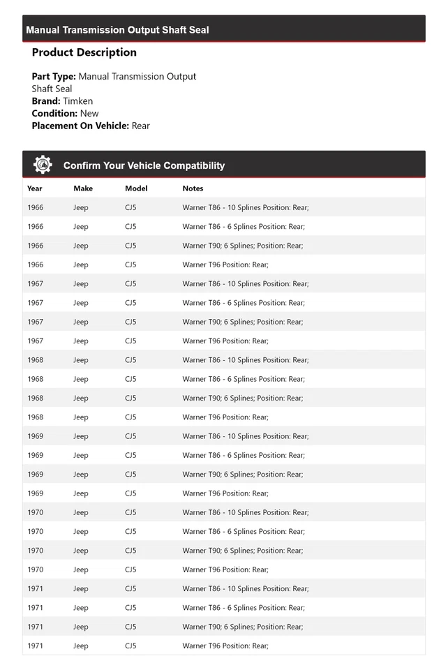 For 1966-1971 Jeep CJ5 Manual Transmission Output Shaft Seal Rear Timken 1967 - Image 2 of 4