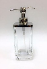 POLISHED SILVER TONE+HEAVY CLEAR GLASS LOTION,SOAP BATHROOM,KITCHEN DISPENSER