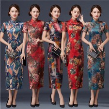 Women Silk Dress Summer Long Cheongsam Evening Party Chinese Qipao Size S to 3XL