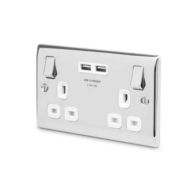 BG Nexus NPC22U3W Shiny Mirror Chrome Doppelsteckdose mit 2x Typ A USB Steckdosen
