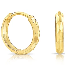 14K Solid Yellow Gold Round Diamond-Cut Huggie Hoop Earrings Small Size 12MM