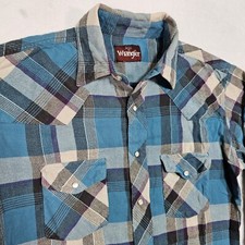 Vtg Wrangler Flannel Shirt Western Mens M Pearl Snap Blue Black Plaid Cowboy