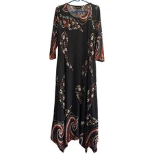 Reborn Maxi Dress Womens M Grey Floral Handkerchief Hem Stretch Boho