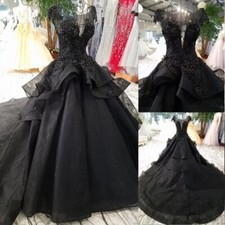 Gothic Black Wedding Dresses O-Neck Sleeveless Ruffles Tulle A-Line Bridal Gowns