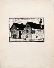Emma Bormann Original Woodcut - Heiligenstadt Pfarrplatz, Titled, Signed, 1817