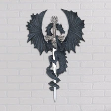 12"H Black Dragon with Sword Wall Plaque Figurine Home Decor Unique Gift