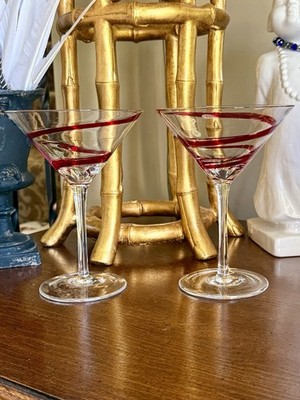 Pier 1 Red Swirl Set Of 2 Martini Cosmopolitan Cocktail Glasses