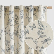 Charlotte Blue Floral Curtains 84 Inch Length Linen Farmhouse Curtain Back Ta...
