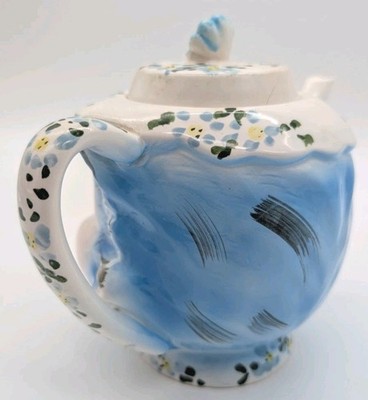 Vintage Lefton Miss Priss Teapot 4 Cup Ceramic Blue Kitty Cat