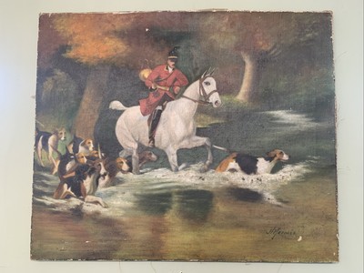 Antikes Gemälde auf Leinwand zum Restaurieren Französische Jagdhunde ''Busson Style''