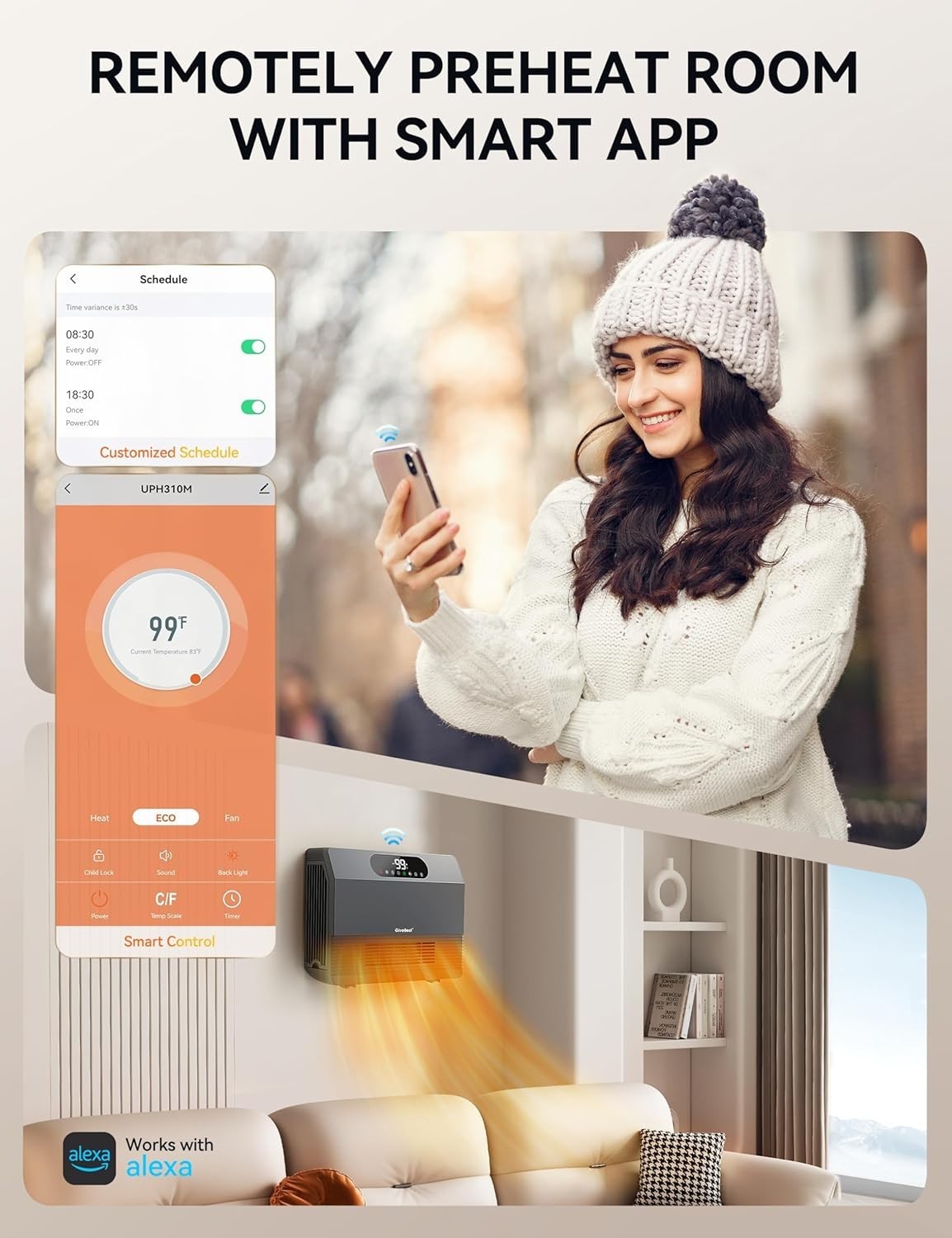Instant Heat Wall Heater - 1500W with Programmable Thermostat & Voice Control