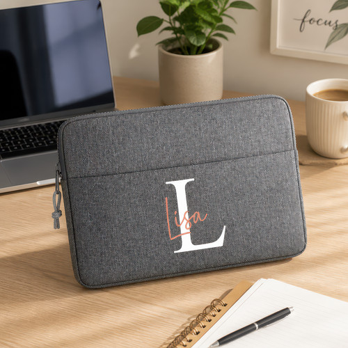 Personalised Grey Laptop Sleeve with Name - 13 or 15.6 inch Padded Case for Uni