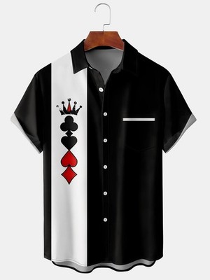 Mens Playing Card Print Vintage Bowling Shirt