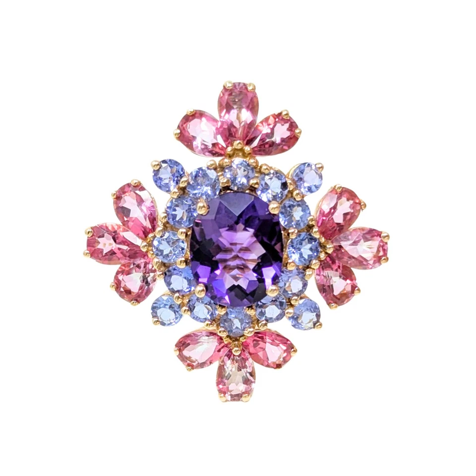 Кулон/брошь из золота 14 карат с аметистом и турмалином