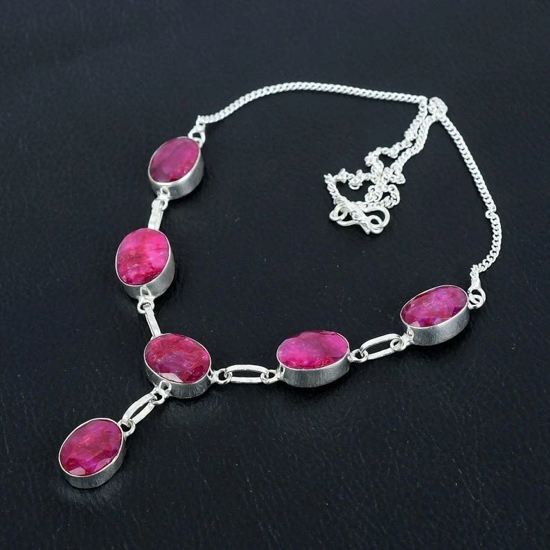 Collar de piedras preciosas de ónix rosa plata de ley 925 hecho a mano joyería regalo 18" Foto 2 de 4