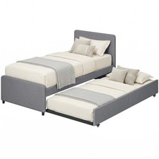 Image of HOMCOM 90 x 190 cm Upholstered Single Bed, Pull Out Trundle Bed, Dark Grey