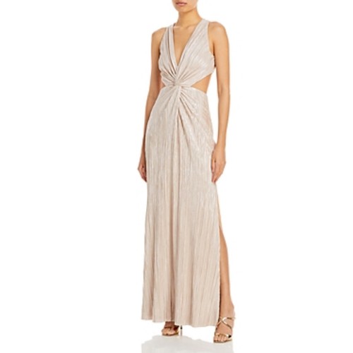 AQUA Women's Formal Dress Size 18 Gold Metallic Cut Out Thigh Slit Long Gown - Picture 8 of 9